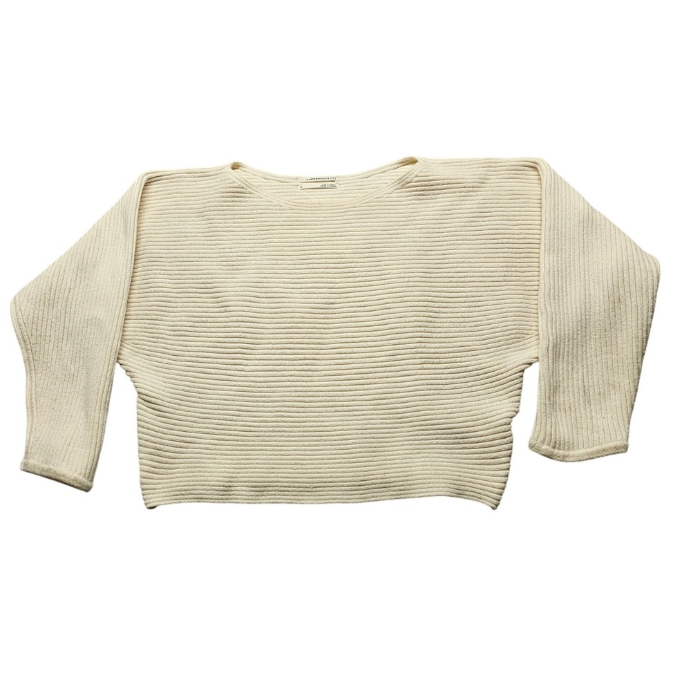 Anthropologie Cream Ribbed Knit Boat Neck Dolman Sleeve Cropped Sweater Womens M